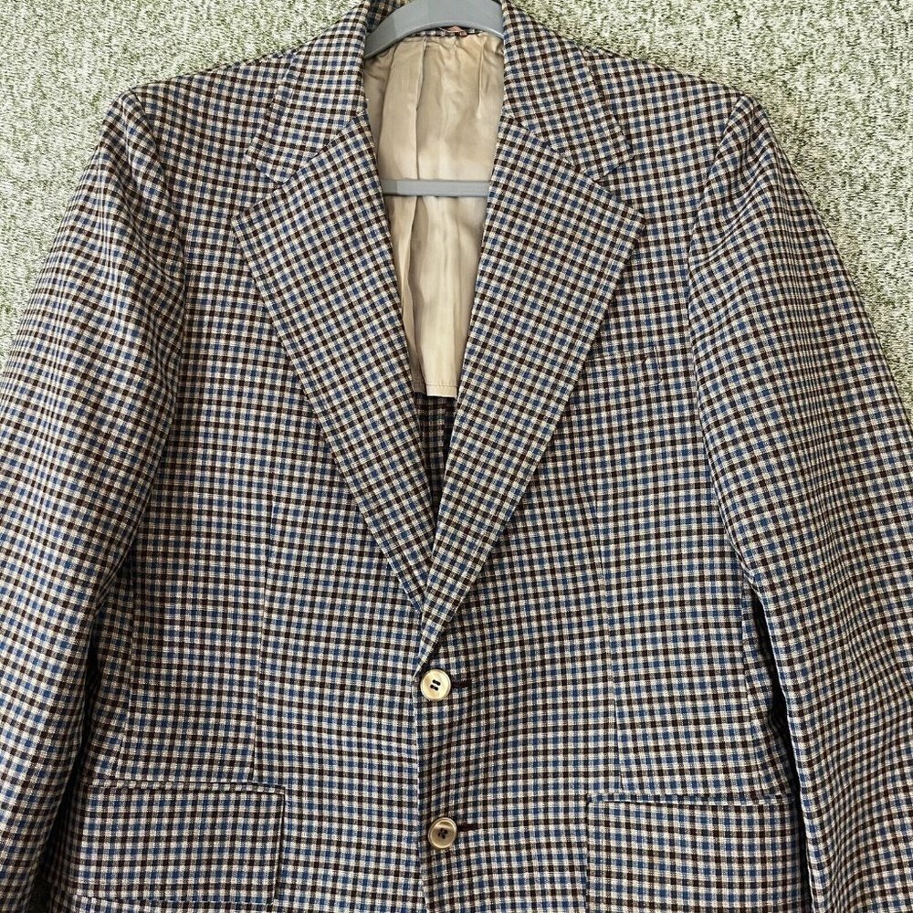 Saks Fifth Ave Sport Coat Men 39R Vintage Brown Blue Plaid Retro Union Made USA